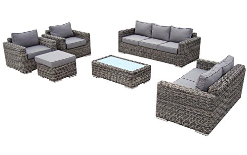 Baidani Gartenmöbel-Sets 10a00002 Designer Lounge-Garnitur Escape, 3-er-Sofa, 2-er-Sofa, 2 Sessel, Hocker mit Auflage, 1 Couch-Tisch mit Milchglasplatte, braun