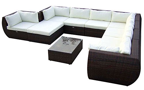Baidani Gartenmöbel-Sets 10c00015.00002 Designer XXL Sofa Extreme, Hocker mit Auflage, Couch-Tisch mit Glasplatte, braun