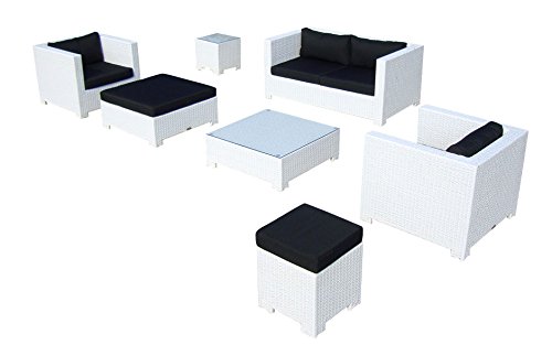 Baidani Gartenmöbel-Sets 10c00034 Designer Lounge Sunrise, 2-er Sofa, 2 Sessel, 2 Hocker, 1 Couchtisch, Beistelltisch mit Glasplatte, weiß
