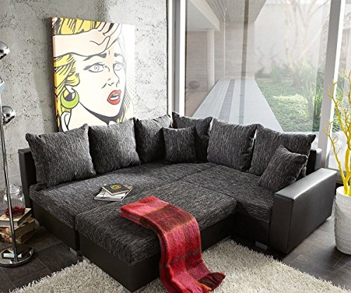 Couch Lavello Grau Schwarz 210x210 Ottomane Links mit Hocker Ecksofa
