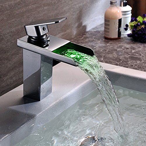 KINSE® Chrom LED RGB Licht Wasserhahn Armatur Spüle Wasserfall Waschtischarmatur Waschbecken mit Schläuche für Bad