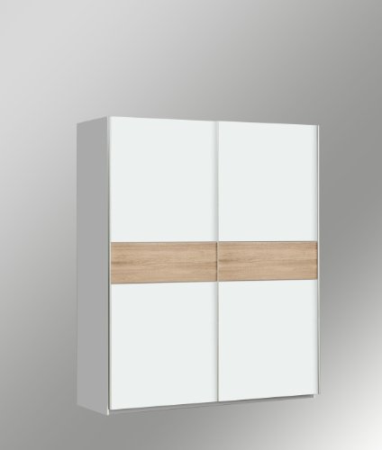 Kleiderschrank Schwebetürenschrank Schiebetürenschrank ca. 150 cm breit in Weiss / Eiche Sägerau Dekor mit Wendeplatte