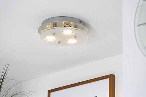 LED-Decken-leuchte / Decken-lampe / Wohnzimmer-leuchte / GU10 / 3 x 3 Watt / 3 x 250 Lumen / Glas teilsatiniert / rund / matt-nickel