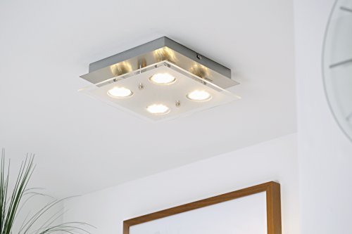 LED-Decken-leuchte / Decken-lampe / Wohnzimmer-leuchte / GU10 / 4 x 3 Watt / 4 x 250 Lumen / Glas teilsatiniert / eckig / matt-nickel
