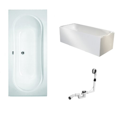 Mybath BWSET110WT Badewannen komplett Set inklusiv Acryl Rechteck-Badewanne Träger und Über- Ablaufgarnitur, 180 x 80 cm