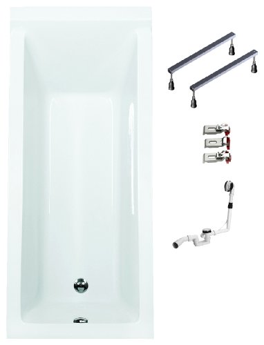 Mybath BWSET121WF Badewannen komplett Set inklusiv Acryl Rechteck Fußgestell und Über- Ablaufgarnitur, 160 x 70 cm
