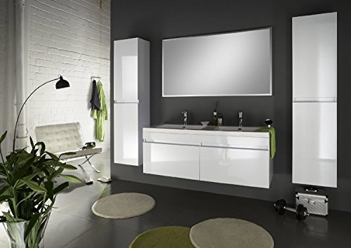SAM® Badmöbel Set Parma 4tlg Komplettset in Hochglanz weiß, 140 cm breiter Doppel-Waschplatz, Badezimmermöbel bestehend aus 1 x Spiegel, 1 x Doppel-Waschplatz und 2 x Hochschrank