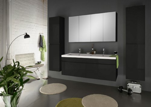SAM® Badmöbel Set Parma Deluxe, Hochglanz schwarz, 4tlg. Designer Badezimmer mit Softclosefunktion, Doppel-Waschplatz, 1 Spiegel und 2 Hochschränken