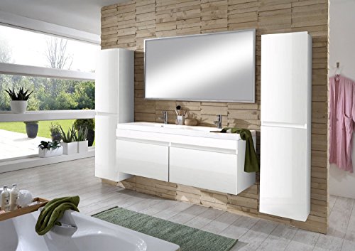 SAM® Design Badmöbel Set Parma 4tlg in Hochglanz weiß, 140 cm Doppel-Waschplatz, Badezimmermöbel bestehend aus 1 x Spiegel, 1 x Waschplatz und 2 x Hochschrank