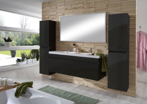 SAM® Design Badmöbel Set Parma, Hochglanz schwarz, 4tlg. Designer Badezimmer mit Softclosefunktion, Doppel-Waschplatz, 2 Hochschränken mit Einlegeboden und Spiegel