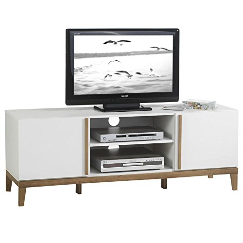 TV Rack Lowboard Hifi Möbel Fernsehtisch Beistelltisch Wohnzimmertisch RIGA, 2 Fächer, 2 Türen weiß/Massivholz