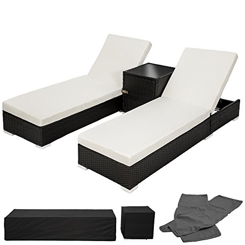 TecTake 2x Aluminium Polyrattan Sonnenliege + Tisch Gartenmöbel Set - schwarz - inkl. 2 Bezugsets + Schutzhülle, Edelstahlschrauben