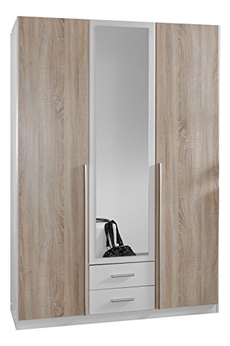 Wimex 119484 Kleiderschrank, 3-türig mit zwei Schubkästen und einer Spiegeltür, Front Korpus Außentüren Eiche Sägerau Nachbildung, 135 x 198 x 58 cm