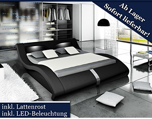 XXL Designer Bett Stilbett LED-Beleuchtung Schwarz (Schwarz, 180x200)