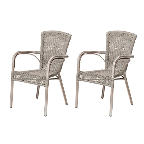 2x Gartenstühle VERONA - Rattan-Sessel mit Armlehnen Polyrattan - Stapelstuhl - Beige-Grau