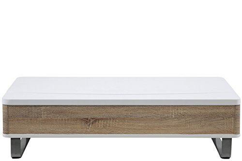 AC Design Furniture 49302 Couchtisch Bent, weiß hochglanz, Sonoma Eiche Nachbildung mit Liftfunktion, Gestell Metall alufarbig, ca. 120 x 32 x 60 cm