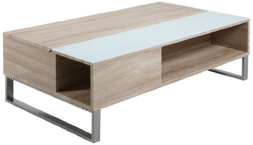 AC Design Furniture 63722 Couchtisch Nikolaj mit Liftfunktion und Stauraum, Sonoma Eiche Nachbildung, ca. 110 x 35 x 60 cm, weißglas