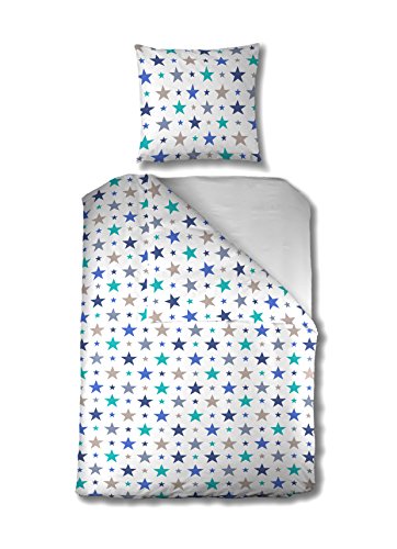 Aminata - Bettwäsche Sterne blau türkis weiß 135x200 Baumwolle Linon Mädchen Jugendliche
