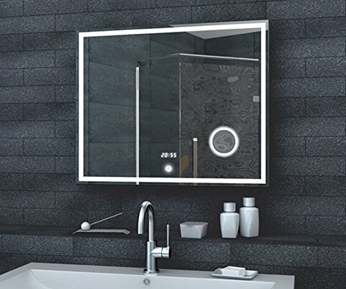 Badspiegel mit LED,Kosmetikspiegel,Touchschalter,UHR,Alluminiumrahmen80x60cm