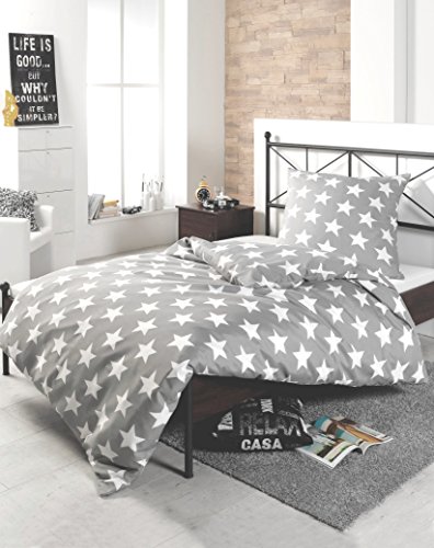 Bettwäsche Baumwolle Polyester grau mit weißen Sternen 135x200cm