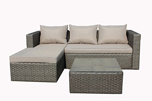 Brema 052261 Alu-Geflecht-Loungeset 3-teilig, 1 Sofa 2 Sitzer und 1 Ottomane mit Sitz- und Rückenkissen, 1 Tisch mit Glasplatte, 65 x 65 x 32 cm, grau / taupe