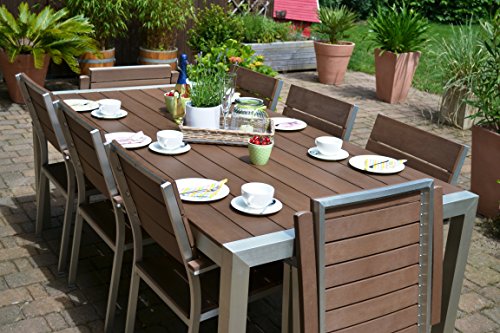 Gartenmöbel Miami Tisch 200x100 + 6 Stapelstühle und 2 Hochlehner 8 Personen Holzdekor dunkel, Polywood und Aluminium Edelstahl beschichtet