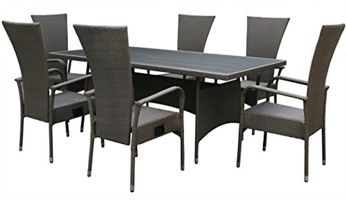 KMH®, Gartensitzgruppe aus Polyrattan mit Tisch (200x100 cm) und 6 Hochlehner (stapelbar - stufenlos verstellbare Rückenlehne) (#106123)