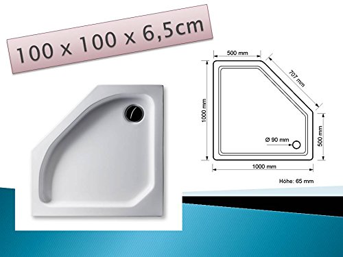 KOMPLETT-PAKET: Duschwanne 100 x 100 cm Fünfeck, flach weiß Acryl + Styroporträger / Wannenträger + Ablaufgarnitur chrom DN 90