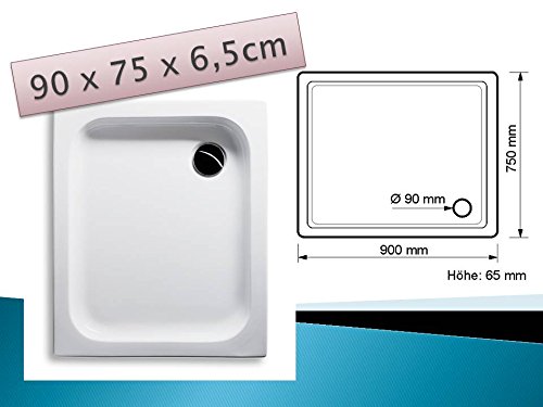 KOMPLETT-PAKET: Duschwanne 90 x 75 cm flach weiß Acryl + Styroporträger / Wannenträger + Ablaufgarnitur chrom DN 90