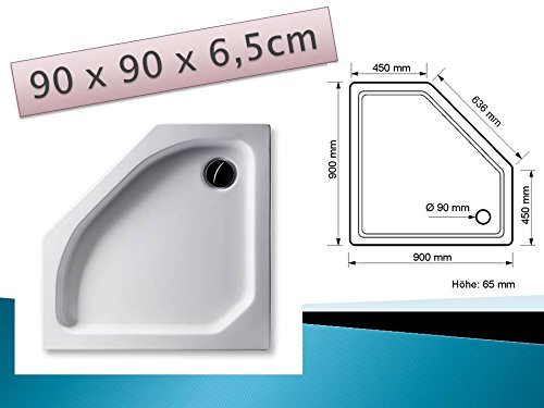 KOMPLETT-PAKET: Duschwanne 90 x 90 cm Fünfeck, flach weiß Acryl + Styroporträger / Wannenträger + Ablaufgarnitur chrom DN 90