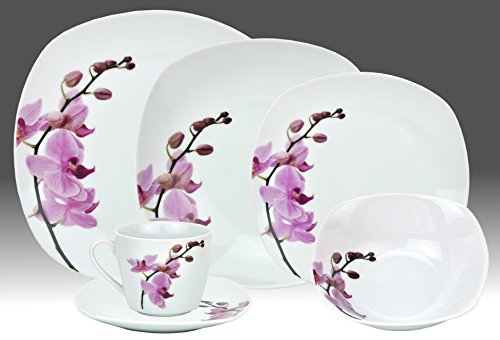 Kombiservice 62-tlg. Kyoto Orchidee leicht eckig Porzellan für 6 Personen weiß mit Dekor