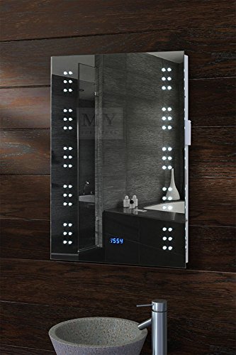 MY-Furniture MATRIX, LED beleuchteter Badezimmerspiegel/IP44/Anti-Beschlag/Rasierer/Bewegungssensor/Uhr