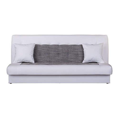Schlafsofa Schlafcouch STELLA, in weiß grau, 3-Sitzer mit Bettkasten und Kissen
