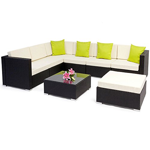 TecTake Hochwertige Aluminium Polyrattan Lounge Sitzgruppe mit Glastisch inkl. Kissen und Klemmen schwarz
