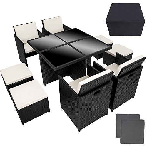 TecTake Poly Rattan Aluminium 4+1+4 Sitzgruppe Cube 4 Stühle 1 Tisch 4 Hocker + Schutzhülle & Edelstahlschrauben schwarz