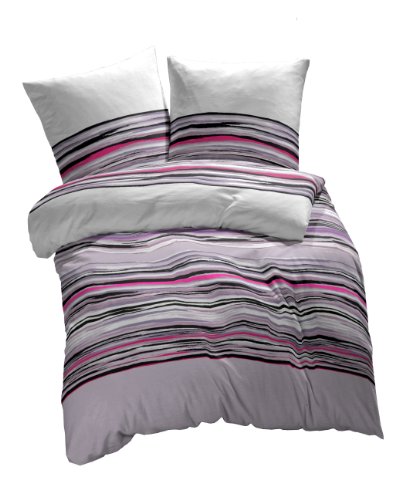 etérea Premium Baumwolle Renforcé Bettwäsche Streifen Jeanine Violet Weiß Pink Schwarz, 135x200 cm