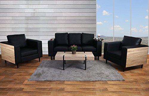 3-1-1 Sofagarnitur Nancy, Couch Loungesofa, Holz Eiche-Optik ~ Kunstleder, schwarz mit Tisch