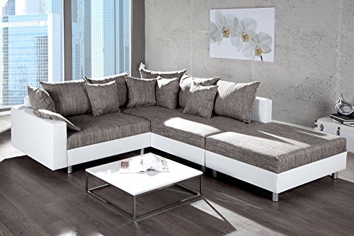 Design Ecksofa mit Hocker LOFT weiss Strukturstoff grau Federkern Sofa OT rechts