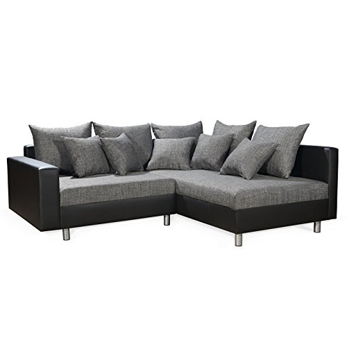 Ecksofa Eckcouch Couchgarnitur Sofa Couch JURI, in schwarz/grau, Ottomane rechts, 11 Sofakissen