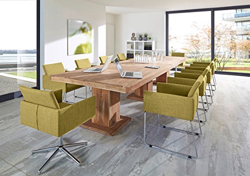 SAM® Tischgruppe 11tlg mit Tisch Saber 6696 aus Akazienholz stonefarben 400x120 cm Stühlen Oslo und Drehstuhl Lori in senffarben