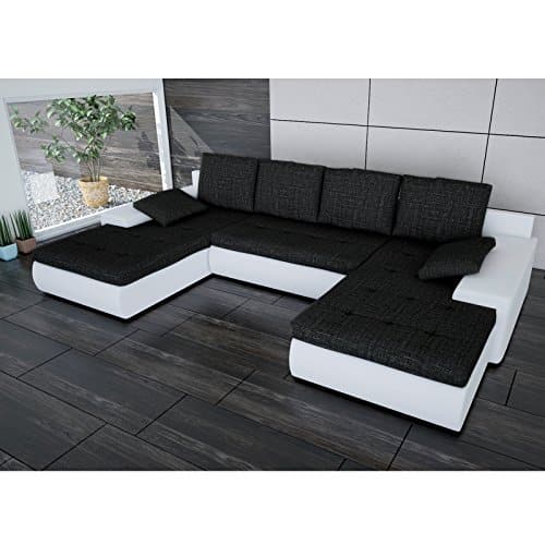 Sofa Polsterecke Linosa Weiß/ Strukturstoff Schwarz - Ecksofa von Jalano Wohnlandschaft U-Form Couch Schlafsofa mit Kissen