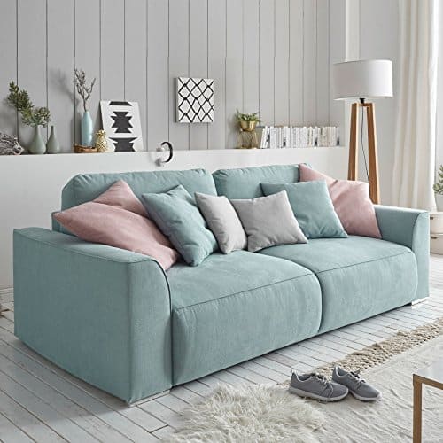Modernes Design Big Sofa WEEKEND aquamarin Schlaffunktion mit Bettkasten und Kissen