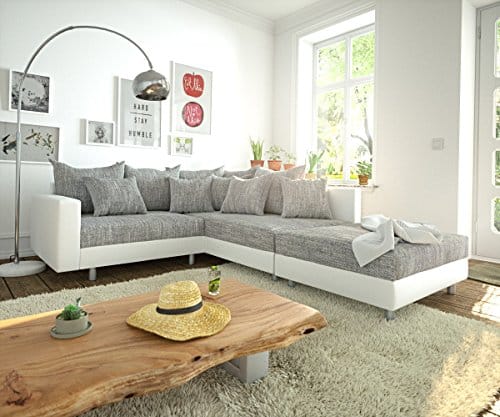 Couch Clovis modular - Ecksofa, Sofa, Wohnlandschaft & Modulsofa (Grau/Weiss, Ecksofa Rechts mit Hocker + Armlehne)