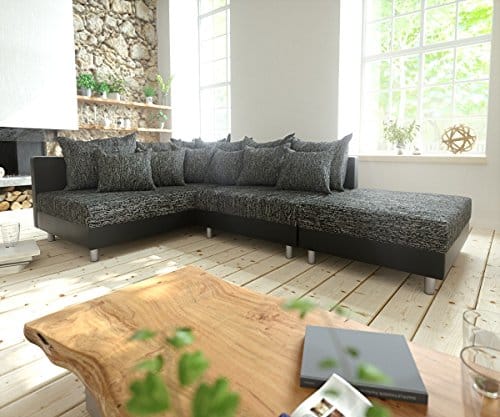Couch Clovis modular - Ecksofa, Sofa, Wohnlandschaft & Modulsofa (Schwarz/Schwarz, Ecksofa Links mit Hocker)