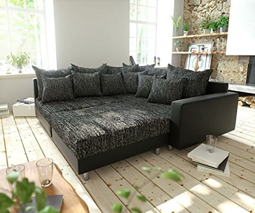 Couch Clovis modular - Ecksofa, Sofa, Wohnlandschaft & Modulsofa (Schwarz/Schwarz, Ecksofa Rechts mit Hocker + Armlehne)