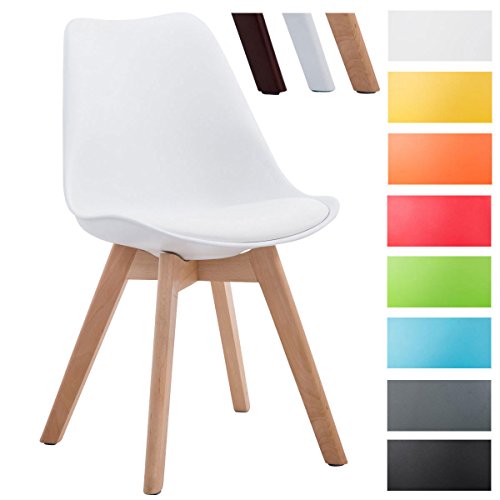 CLP Design Retro Stuhl BORNEO V2, Besucherstuhl mit Holzgestell, Materialmix aus Kunststoff und Kunstleder Weiß, Gestellfarbe: natura