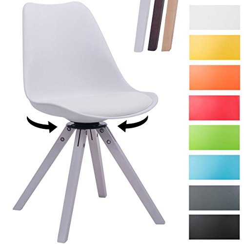 CLP Design Retro-Stuhl TROYES SQUARE, Kunststoff-Lehne, Kunstleder-Sitz gepolstert drehbar Weiß, Holzgestell Farbe weiß, Bein-Form eckig