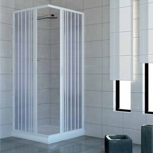 Duschkabine mit zwei verschließbaren Türen und 90-Grad-Winkel, hergestellt aus ungiftigem, selbstverlöschendem PVC-Kunststoff, falt- und schiebbar, Farbe: weiß