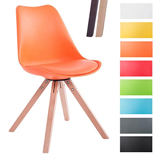 CLP Design Retro-Stuhl TOULOUSE SQUARE, Kunststoff-Lehne, Kunstleder-Sitz gepolstert Orange, Holzgestell Farbe natura, Bein-Form eckig