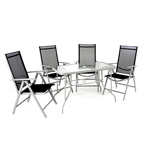 5er Set Sitzgarnitur Sitzgruppe Gartengarnitur Glastisch eckig schwarz Balkon 1 Tisch 4 Stühle wetterfest …